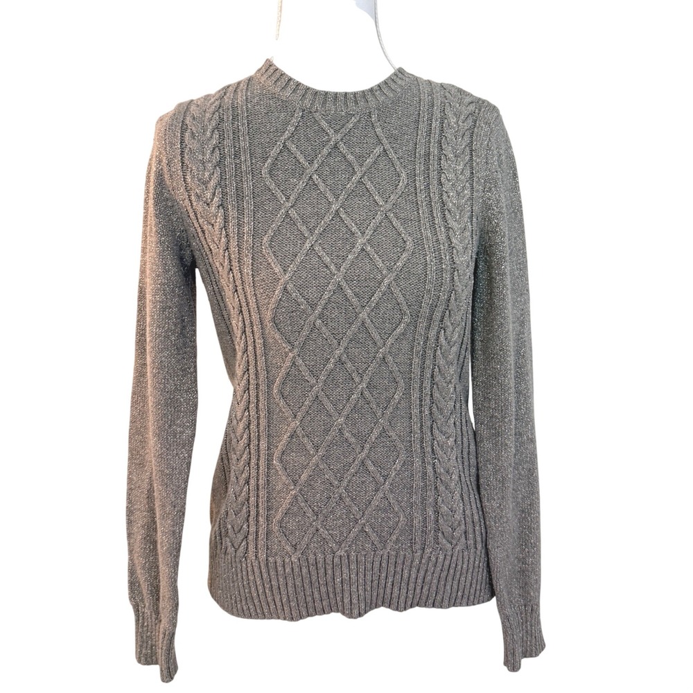 Chaps Sweater Womens Small Grey Silver Metallic Cable Knit Diamond Crew Neck